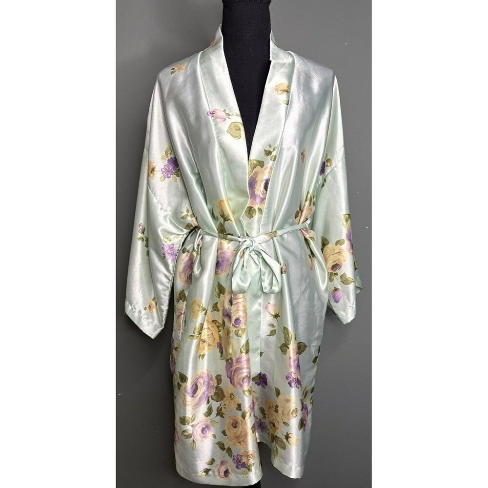 VTG California Dynasty Floral Satin Silky Knee Length Kimono Robe